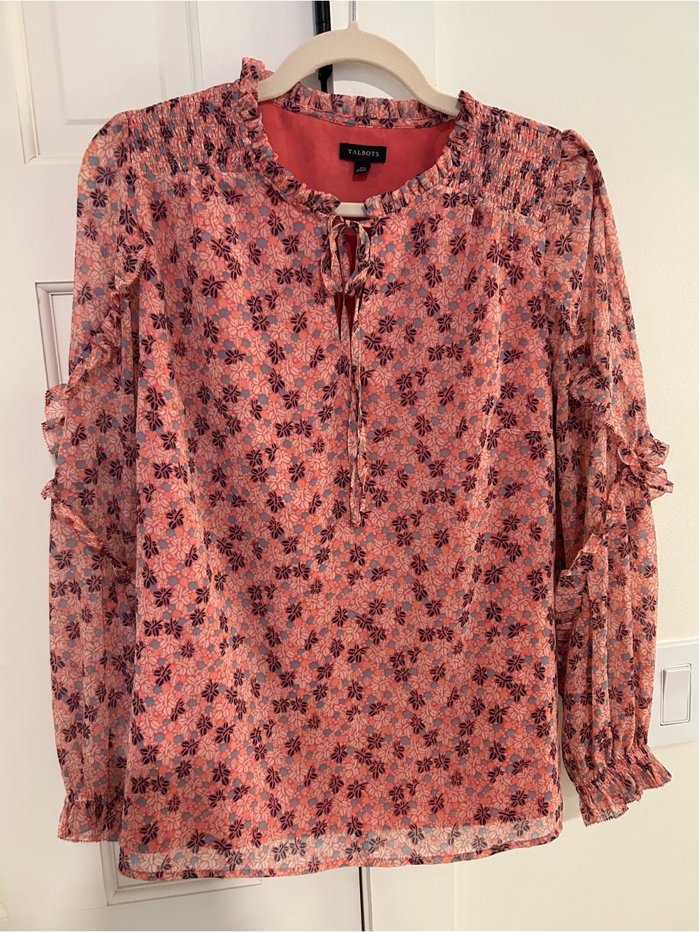 Talbots Rose-Pink Floral Tie-Neck Peasant Blouse